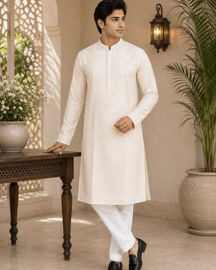 Men's Soft Silk Kurta Pyjama Set | Premium Neck Work | Festive Ethnic Wear - Rosepetals Luxe
