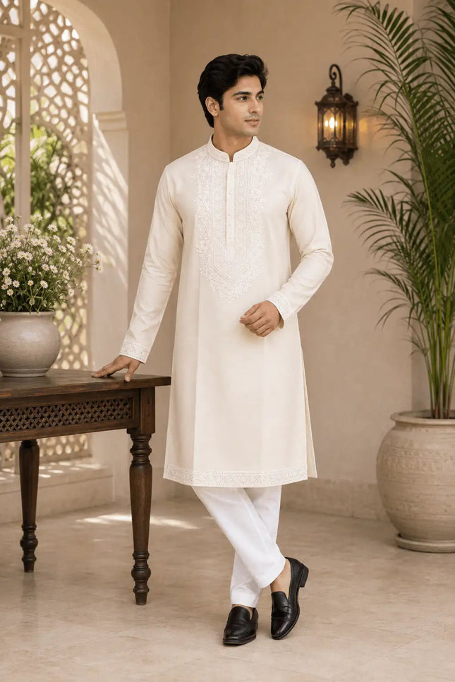 Men's Soft Silk Kurta Pyjama Set | Premium Neck Work | Festive Ethnic Wear - Rosepetals Luxe