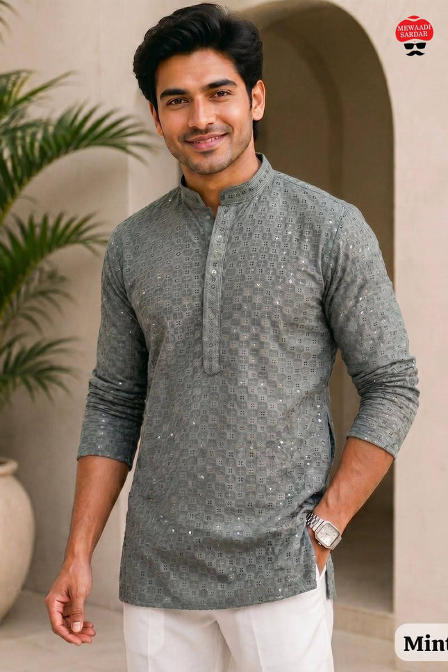 Men's Stylish Chikankari Short Kurta | Premium Rayon Fabric With Side Pockets - Rosepetals Luxe