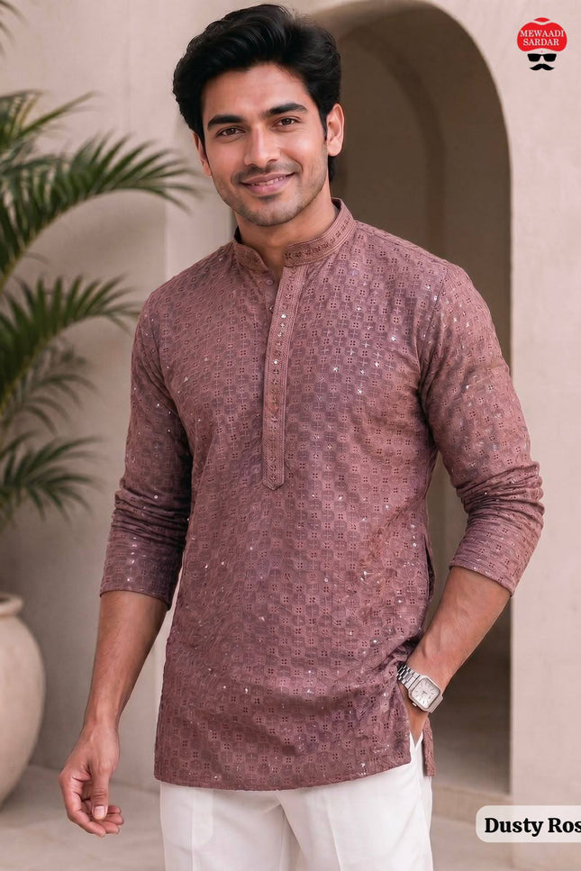 Men's Stylish Chikankari Short Kurta | Premium Rayon Fabric With Side Pockets - Rosepetals Luxe