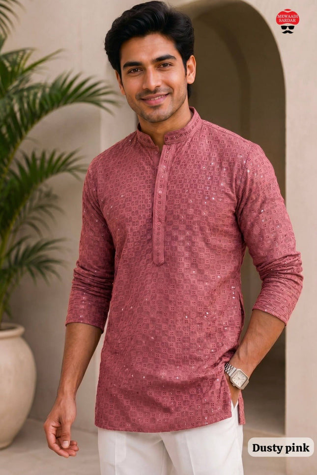 Men's Stylish Chikankari Short Kurta | Premium Rayon Fabric With Side Pockets - Rosepetals Luxe