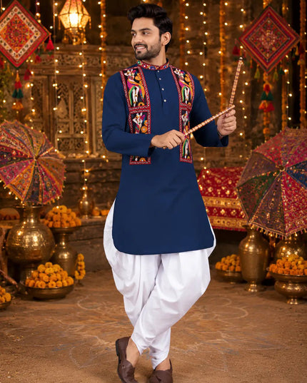 Men's Traditional Navratri Gamthi Work Cotton Kurta With Dhoti Set | Rosepetals Luxe - Rosepetals Luxe