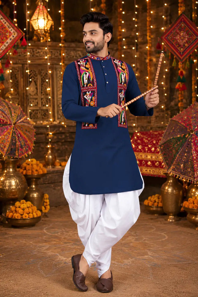Men's Traditional Navratri Gamthi Work Cotton Kurta With Dhoti Set | Rosepetals Luxe - Rosepetals Luxe
