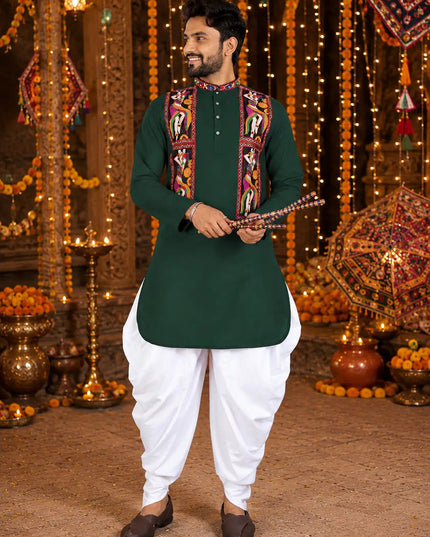 Men's Traditional Navratri Gamthi Work Cotton Kurta With Dhoti Set | Rosepetals Luxe - Rosepetals Luxe