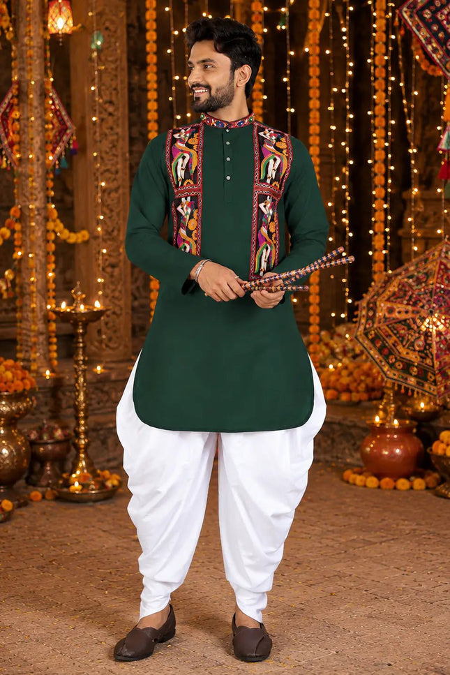 Men's Traditional Navratri Gamthi Work Cotton Kurta With Dhoti Set | Rosepetals Luxe - Rosepetals Luxe