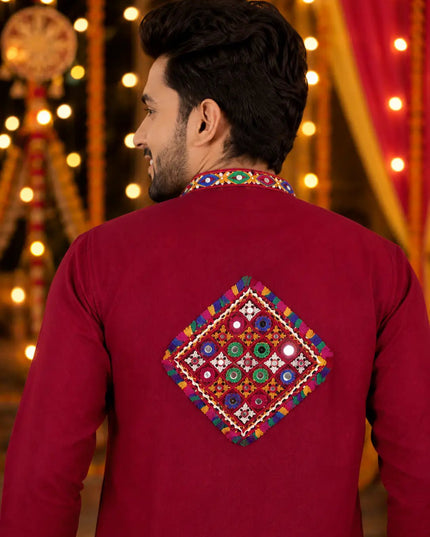 Men's Traditional Navratri Gamthi Work Cotton Kurta With Dhoti Set | Rosepetals Luxe - Rosepetals Luxe
