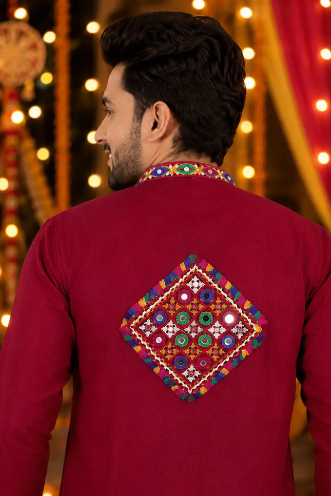 Men's Traditional Navratri Gamthi Work Cotton Kurta With Dhoti Set | Rosepetals Luxe - Rosepetals Luxe
