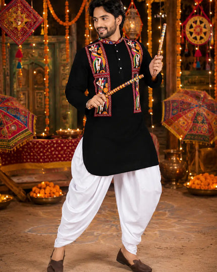 Men's Traditional Navratri Gamthi Work Cotton Kurta With Dhoti Set | Rosepetals Luxe - Rosepetals Luxe