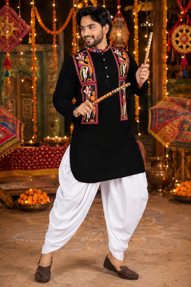 Men's Traditional Navratri Gamthi Work Cotton Kurta With Dhoti Set | Rosepetals Luxe - Rosepetals Luxe