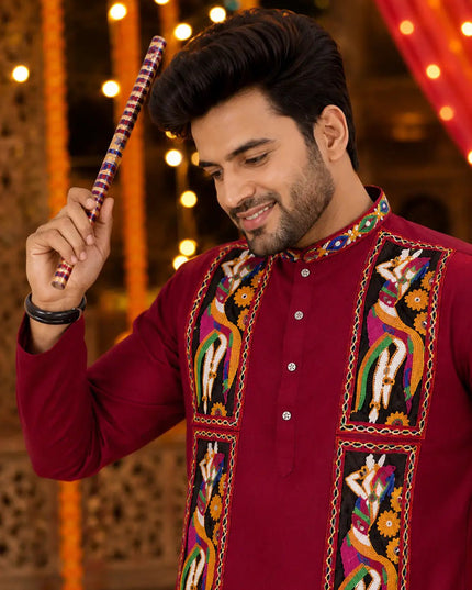 Men's Traditional Navratri Gamthi Work Cotton Kurta With Dhoti Set | Rosepetals Luxe - Rosepetals Luxe