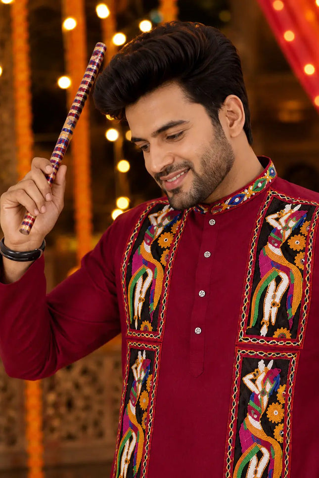 Men's Traditional Navratri Gamthi Work Cotton Kurta With Dhoti Set | Rosepetals Luxe - Rosepetals Luxe