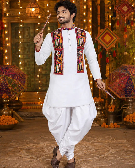 Men's Traditional Navratri Gamthi Work Cotton Kurta With Dhoti Set | Rosepetals Luxe - Rosepetals Luxe