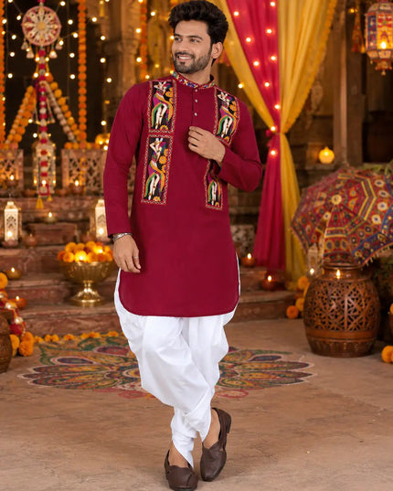 Men's Traditional Navratri Gamthi Work Cotton Kurta With Dhoti Set | Rosepetals Luxe - Rosepetals Luxe