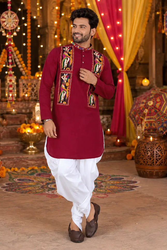Men's Traditional Navratri Gamthi Work Cotton Kurta With Dhoti Set | Rosepetals Luxe - Rosepetals Luxe