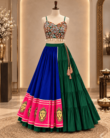 Mirror Embroidered Rayon Navratri Lehenga Choli, 6 Metre Flair - Rosepetals Luxe