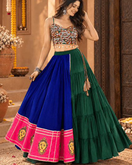 Mirror Embroidered Rayon Navratri Lehenga Choli, 6 Metre Flair - Rosepetals Luxe