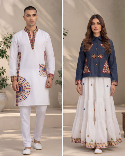 Mirror-Work Kurta & Lehenga Couple Set - Rosepetals Luxe