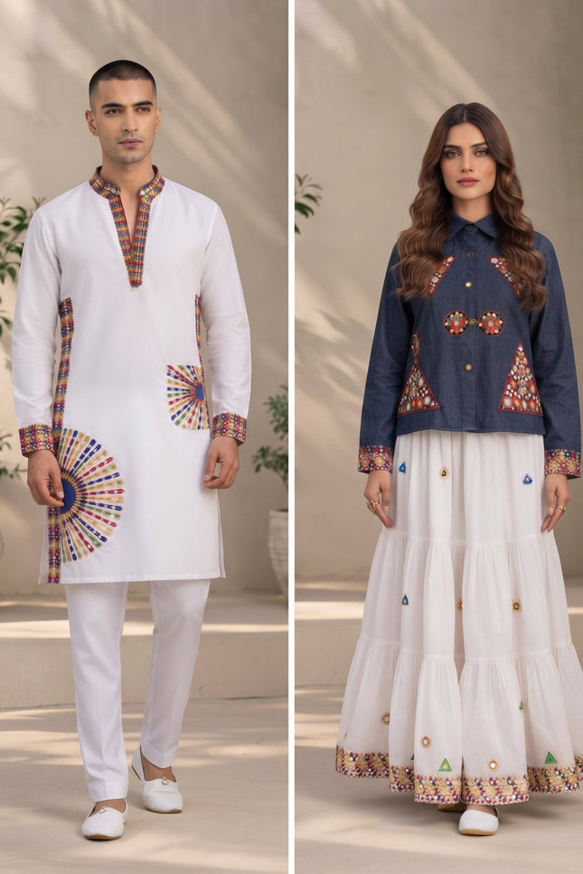 Mirror-Work Kurta & Lehenga Couple Set - Rosepetals Luxe
