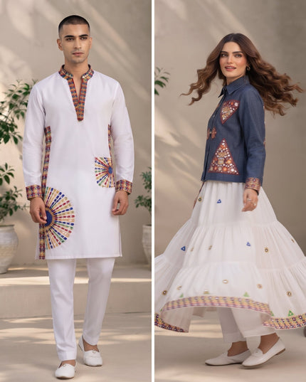Mirror-Work Kurta & Lehenga Couple Set - Rosepetals Luxe