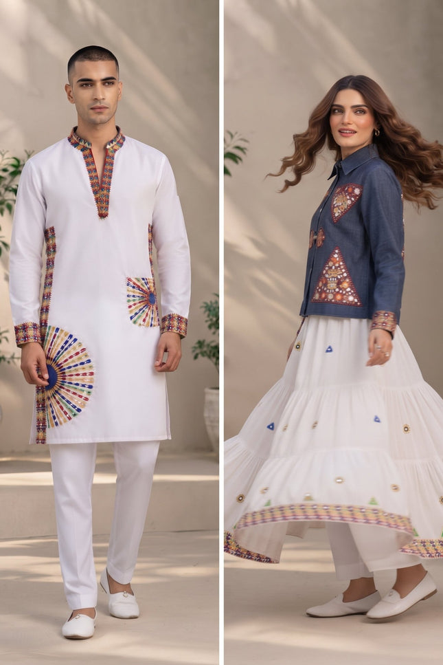 Mirror-Work Kurta & Lehenga Couple Set - Rosepetals Luxe
