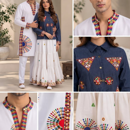 Mirror-Work Kurta & Lehenga Couple Set - Rosepetals Luxe