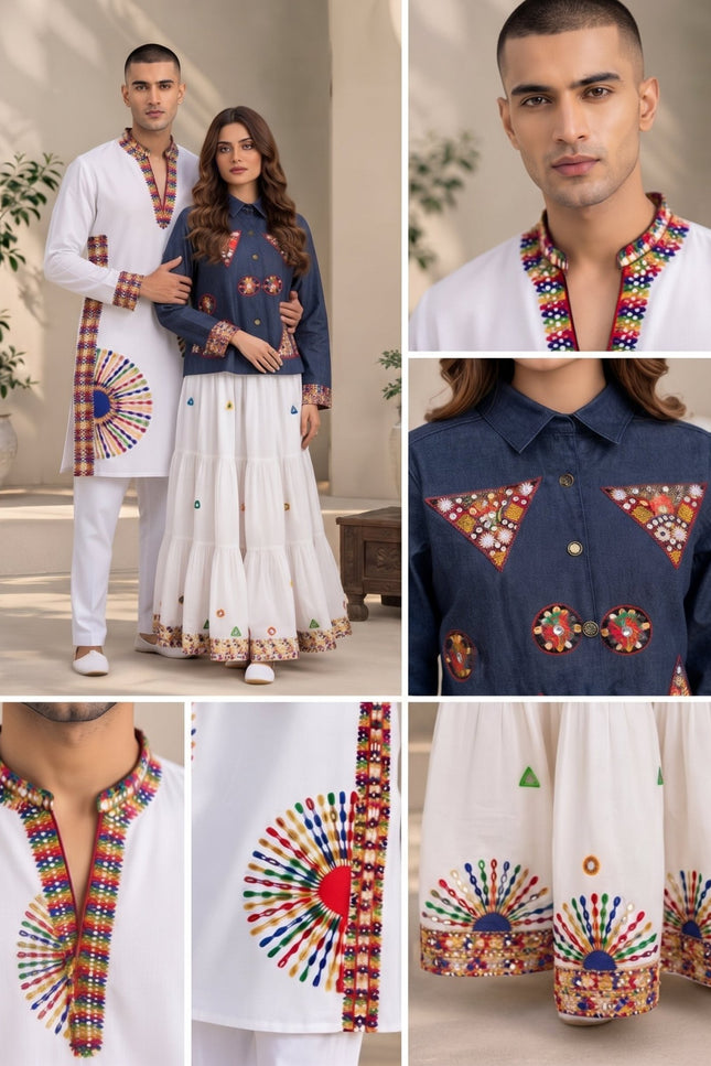 Mirror-Work Kurta & Lehenga Couple Set - Rosepetals Luxe