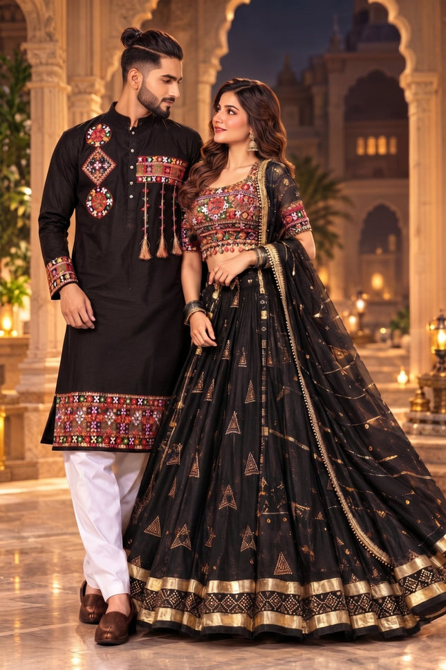 Mirror-Work Kurta & Lehenga | Navratri Couple Edit - Rosepetals Luxe