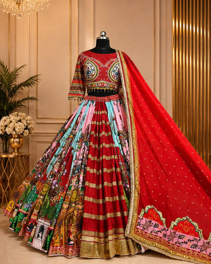 Mirror Work Muslin Lehenga Choli with Fringe Dupatta - Rosepetals Luxe