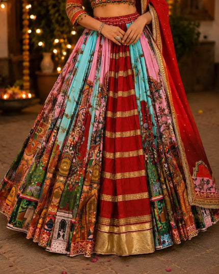 Mirror Work Muslin Lehenga Choli with Fringe Dupatta - Rosepetals Luxe
