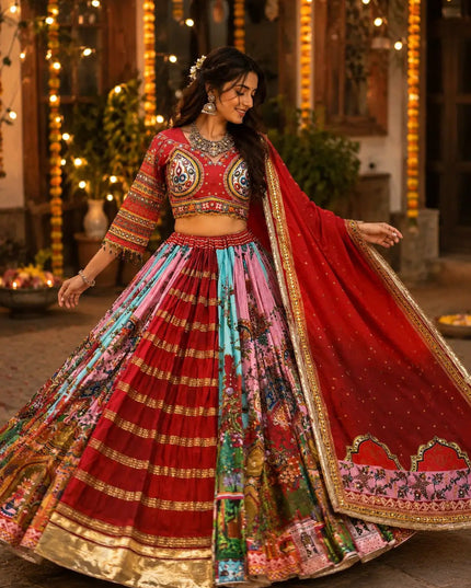 Mirror Work Muslin Lehenga Choli with Fringe Dupatta - Rosepetals Luxe