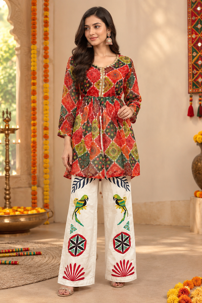 Mirror-Work Navratri Kediya & Cotton Denim Jeans Set - Rosepetals Luxe