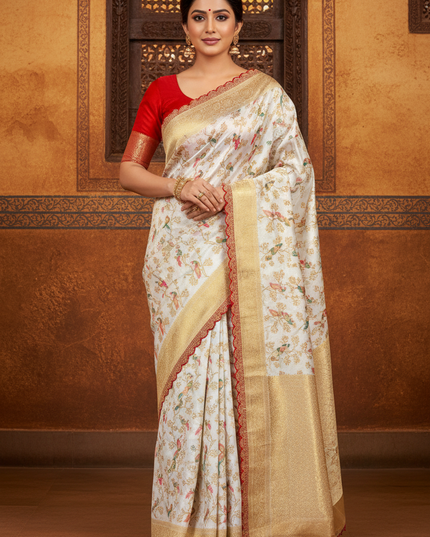 Bridal White Khaddi Georgette & Dolla Saree | Kanchi Scallop Border | Red Blouse - Rosepetals Luxe 