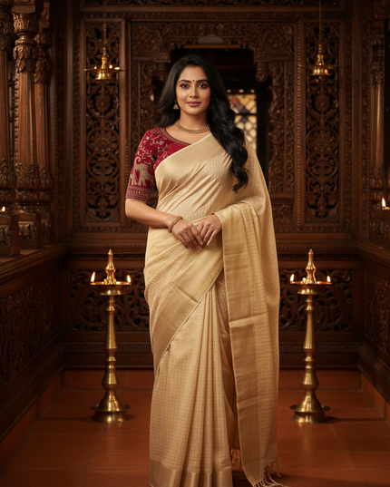 Pure Viscose Georgette Checks Saree | Satin Border | Elephant Bead Work Blouse - Rosepetals Luxe