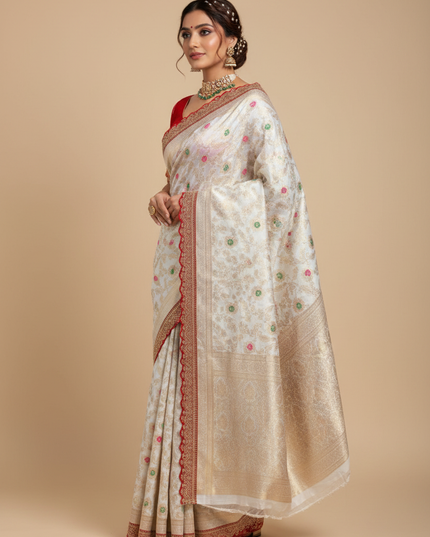 Bridal White Khaddi Georgette & Dolla Saree | Kanchi Scallop Border | Red Blouse - Rosepetals Luxe 