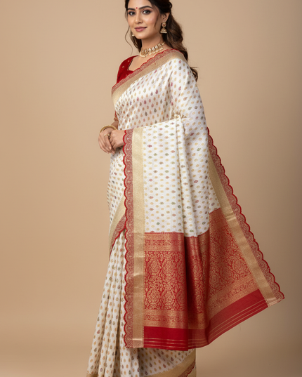 Bridal White Khaddi Georgette & Dolla Saree | Kanchi Scallop Border | Red Blouse - Rosepetals Luxe 