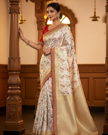 Bridal White Khaddi Georgette & Dolla Saree | Kanchi Scallop Border | Red Blouse - Rosepetals Luxe 