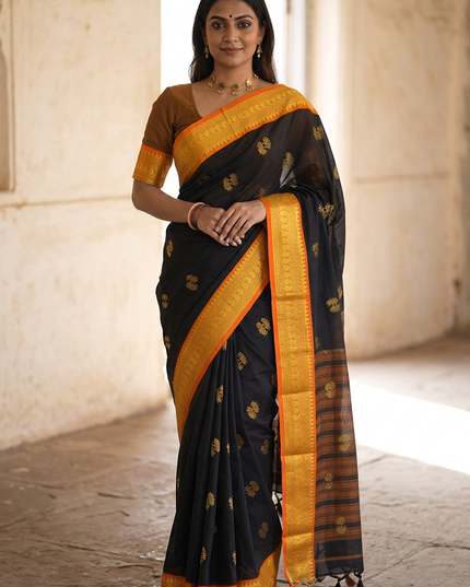 Black Cotton Silk Blend Saree with Traditional Motifs & Contrast Border | Matching Blouse - Rosepetals Luxe