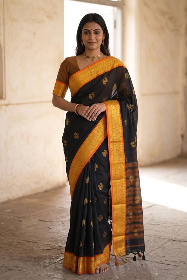 Black Cotton Silk Blend Saree with Traditional Motifs & Contrast Border | Matching Blouse - Rosepetals Luxe