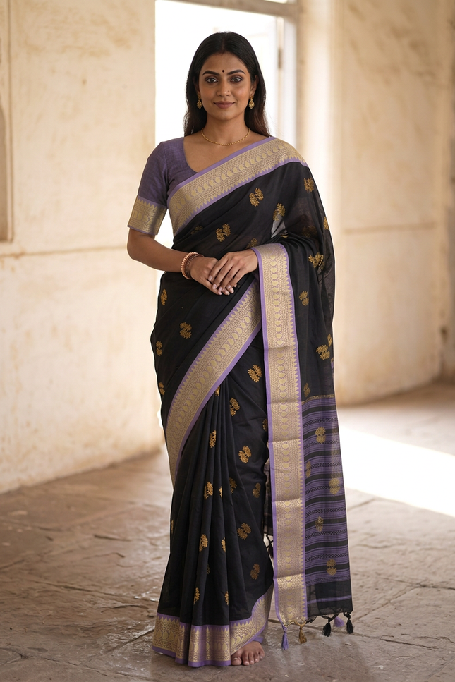 Black Cotton Silk Blend Saree with Traditional Motifs & Contrast Border | Matching Blouse - Rosepetals Luxe