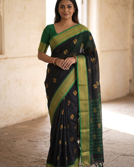 Black Cotton Silk Blend Saree with Traditional Motifs & Contrast Border | Matching Blouse - Rosepetals Luxe