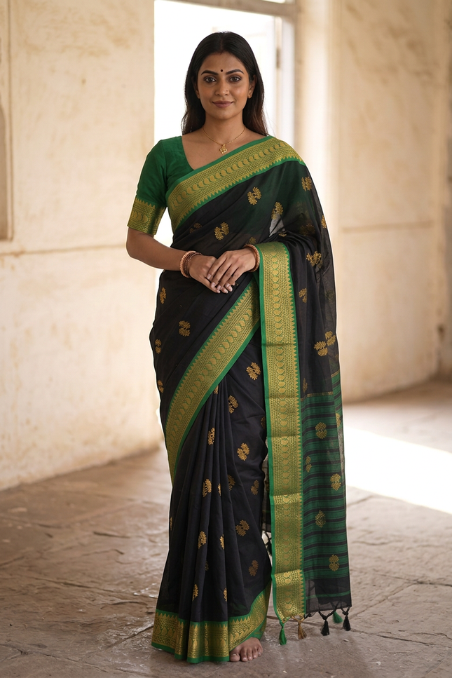 Black Cotton Silk Blend Saree with Traditional Motifs & Contrast Border | Matching Blouse - Rosepetals Luxe