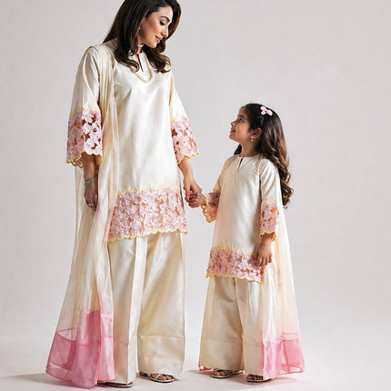 Mom - Daughter Combo Set | Heavy Crepe Silk with Embroidery & Farshi Salwar - Rosepetals Luxe