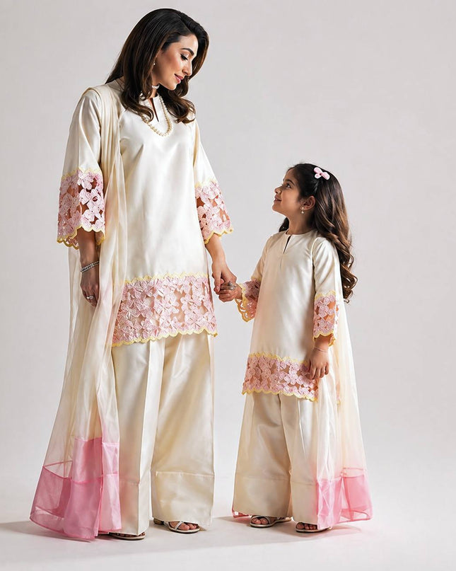 Mom - Daughter Combo Set | Heavy Crepe Silk with Embroidery & Farshi Salwar - Rosepetals Luxe