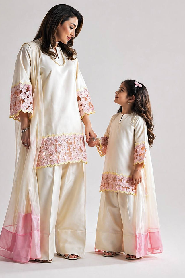 Mom - Daughter Combo Set | Heavy Crepe Silk with Embroidery & Farshi Salwar - Rosepetals Luxe