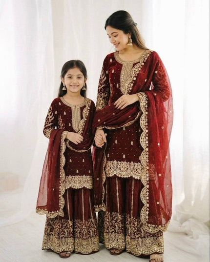 Mom & Daughter Matching Fendy Silk Embroidery Suit Set with Palazzo and Dupatta - Rosepetals Luxe