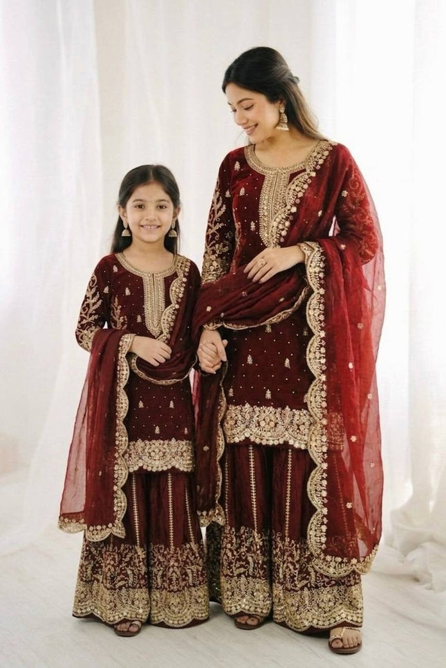 Mom & Daughter Matching Fendy Silk Embroidery Suit Set with Palazzo and Dupatta - Rosepetals Luxe