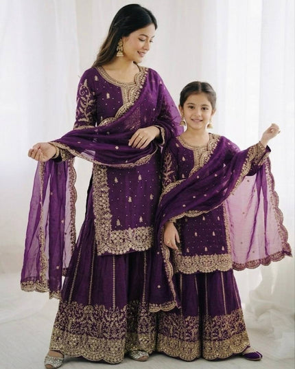 Mom & Daughter Matching Fendy Silk Embroidery Suit Set with Palazzo and Dupatta - Rosepetals Luxe