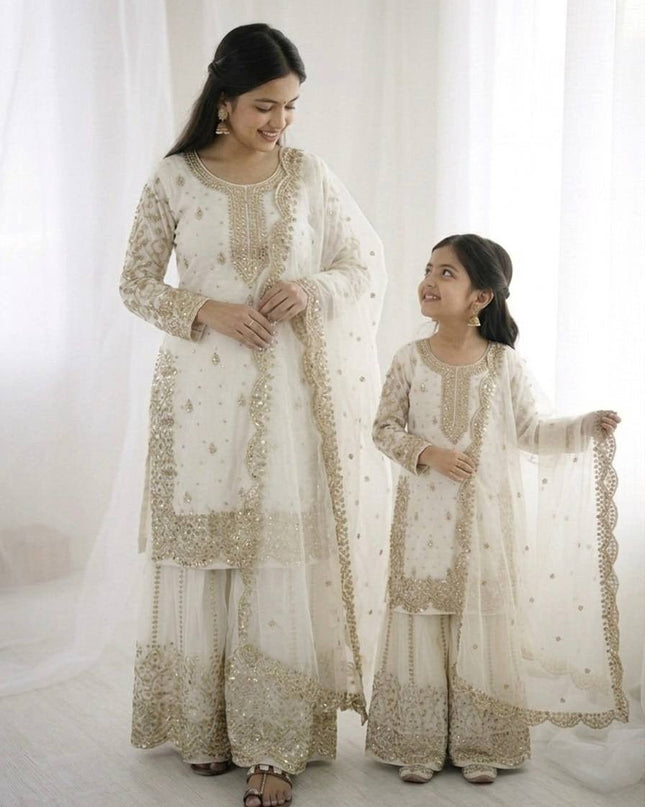 Mom & Daughter Matching Fendy Silk Embroidery Suit Set with Palazzo and Dupatta - Rosepetals Luxe