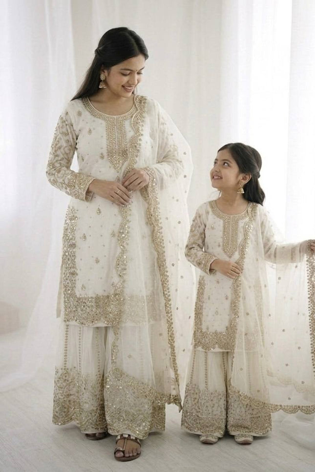 Mom & Daughter Matching Fendy Silk Embroidery Suit Set with Palazzo and Dupatta - Rosepetals Luxe