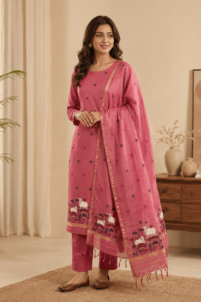 Muga Cotton Jamdani Pichwai Suit | Unstitched Dress Material - Rosepetals Luxe